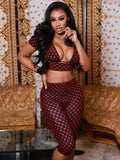Sexy Fashion 3 Piece Set Woman Polka Dot Print Halter Bra Tops+Low-Neck Mini Sleeve Tees+Skinny Crop Pants Outfits