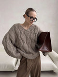 Women's Cable Knit Sweater V Neck Long Sleeve Oversized Loose Chunky Twist Pullover Tops Casual Autumn Retro Commute Top