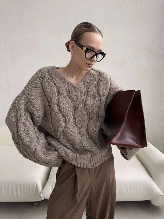 Women's Cable Knit Sweater V Neck Long Sleeve Oversized Loose Chunky Twist Pullover Tops Casual Autumn Retro Commute Top