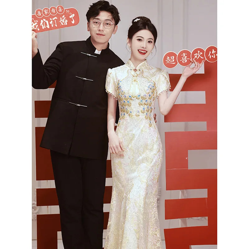 New Chinese Style Dresses Elegant Mermaid Cheongsams Embroider Phoenix Mesh Sequins Qipao Bridal Wedding Dress Luxury Vestidos