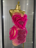 Women Sexy Sparkly Rhinestone Strapless Mesh See Through Mini Dress Eveing Party Birthday Singer DJ Nightclub Bar Stage Costume