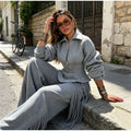 Grey Long Sleeve 2 Piece Outfit Chic Lapel Zip Slim Top Long Fringe Wide Leg Pants 2026 Autumn Women Casual Lady Matching Set