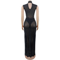 Sexy Mesh Rhinestone Bodycon 2 Pieces Set for Woman Outfits Solid Round Neck Sleeveless Crop Top + Skirt Female Clubwear