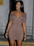 Y2K Mesh Halter Dress Women Sexy Ruched Patchwork Pleat Lace-Up V-Neck Button Elegant Peach Hip Stretch Slim Bodycon