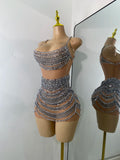 Sparkly Crystals Diamonds Mesh See Through Mini Dress Luxury Women Sexy Sleeveless Perforamnce Dance Costume Night Club Wear