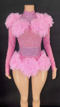 Women's Casual Summer Bodysuit Transparent Rhinestones Sexy Tight Mesh Ruffles Performance Dancer/Singer Costume for Nightclub