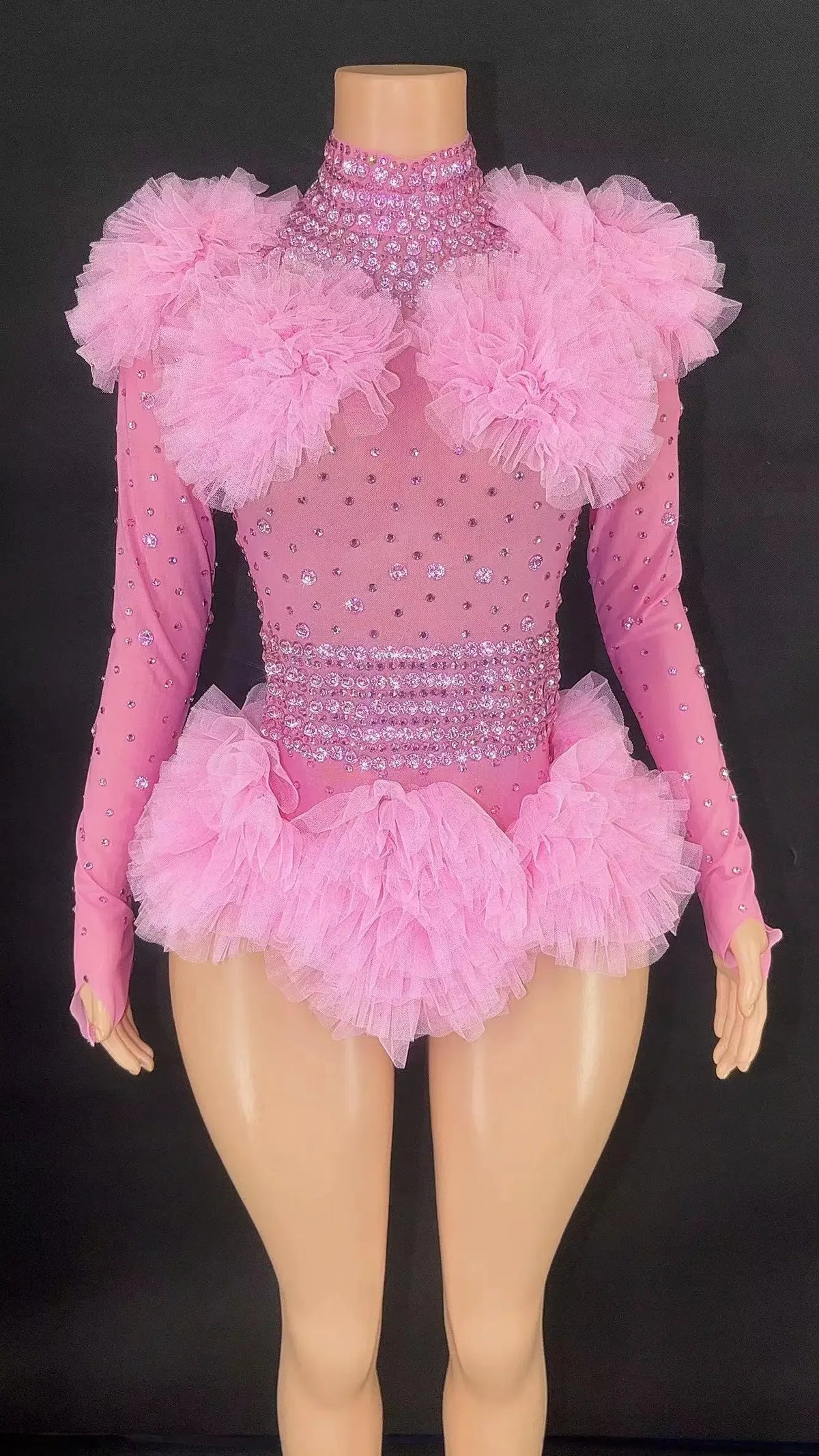 Women's Casual Summer Bodysuit Transparent Rhinestones Sexy Tight Mesh Ruffles Performance Dancer/Singer Costume for Nightclub
