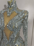 Sparkly Rhinestones Sexy Mesh Transparent Mini Dress Eveing Birthday Party Dance Nightclub Fashion Show Stage Costumes