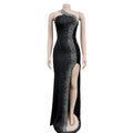 Women's Sexy One Shoulder Elegant Rhinestone Birthday Maxi Split Dress Sparkly Hot Drilling Bodycon Party Night Clubwear