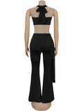 Ruched 2 Piece Set Women Sexy Halter Backless Bra+Metal Casp Ribbon Flared Pants Matching Party Club Stretch Outfits