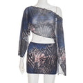 Y2K 2 Piece Set Women Tiger Str Slanted Shoulder Split Sleeve Mesh Crop Tops+Peach Hip Skirts Matching Street Outfits