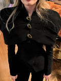 Black Luxurious Coat for Women V Neck Long Sleeve Patchwork Buttons Tunic Cape Style Short Jacket Female Autumn New