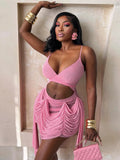 See Through Dress Women Waistless Summer Sexy Sleeveless Ruched Tassel Backless Vacation Midnight Party Club Bodycon