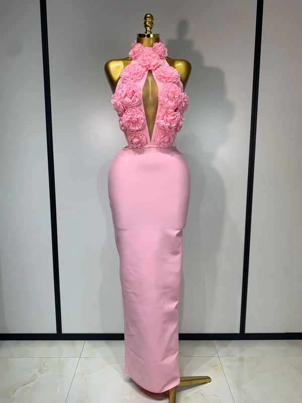 Luxury Birthday Dress Women Celebrity Sexy Halter Backless Flower Long Bandage Bodycon Dress 2025 Elegant Evening Party Outfit