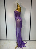Women Sexy Strapless Purple Rhinestone Tassels Maxi Long Dress Birthday Photo Shoot Bar Nightclub Stage Performance Outfit