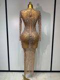 Luxury Rhinestones Mesh Bodycon Long Dress Celebrate Birthday Party Photo Shoot Long Sleeve Performance Costume Stage Outfit