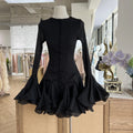 Elegant Design Flower Bud Buckle Long Sleeved Solid Color Slim Fit Short Dress For Women 2024 Spring Summer New Collection