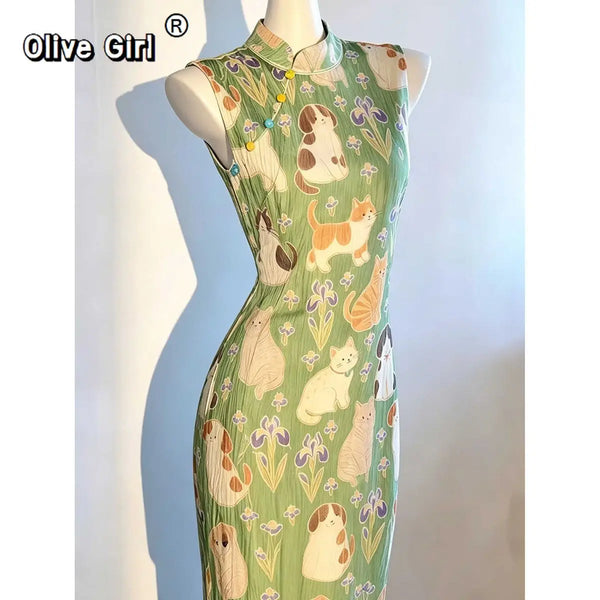 Olive Girl Green Romantic Qipao Fairycore 2026 Everyday Wear S-XXL XS-3XL Plus Size Romantic Garden Party Editorial Not Costume Qipao Cheongsam Chinese Dress Chinese Heritage Fashion Women
