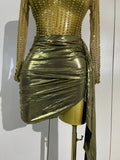 Women Sparkly Rhinestone Birthday Evening Party Nightclub Team Stage Show Costume Sexy Mesh See Through Long Sleeves Mini Dress