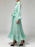 Solid Chic Soft Floral Hollow Out Sheer Flowy Shirt Midi Dress For Women Lapel Long Sleeve Belted Ruffle Hem Vacation Outfit