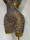 Sexy Sparkly Diamond Backless Short Dress 2025 Women Sleeveless Mesh See Through Evening Birthday Gown Singer Stage Outfit