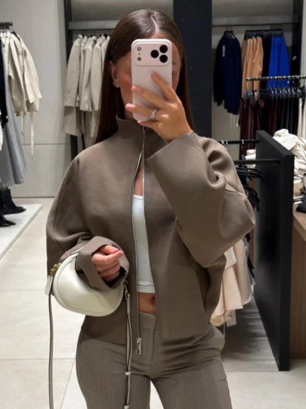 Stand Collar Zip Up Cropped Sweater Women Fashion Long Sleeve Solid Loose Fit Knit Casual Coat 2026 Spring Autumn Chic Outfit