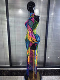 Colorful Rhinestones Print Women Sexy Off the Shoulder Mesh See Through Bodycon Long Dress Nightclub Party Performance Costumes