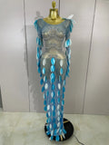 Luxury Sparkly Rhinestones Pearl Leaves Sexy Mesh Long Dress Women Celebrate Party Birthday Wedding Dress Nightclub Stage Outfit