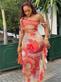 Colorful Print Dress Women Sexy Trend See Through Rope Diagonal Collar Patchwork Stretch Beach Vacation Party Bodycon