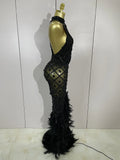Luxury Sparkly Red Rhinestones Feather Sexy Mesh See Through Long Dress Women Birthday Evening Nightclub DJ Dancer Stage Costume