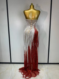 Sparkly Tassel Pearl Strapless High Slit Dress Luxury Evening Party Gown Nightclub Singer Performance Costume Festival Dresses