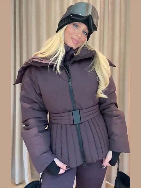 Ski Parkas Coat Jacket Women Zipper Belts Thicken 2025 Winter Skiing Cotton Lapel Snow Female Skiwear Outdoor Street Outwear Top
