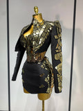 Women Long Sleeve Sequin Mini Bodycon Three Piece Set Birthday Evening Party Costume Bar Nightclub Performance Stage Outfit