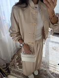 Solid Spliced Buttons Two Piece Set Female Stand Collar Long Sleeve Top Retro Chinese Women's Trousers Sets Fashion