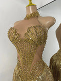 Sparkly Rhinestones Pearls Women Sexy Sleeveless High Split Mesh See Through Birthday Dress Nightclub Party Performance Costume