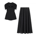 Solid Three Piece Set for Women Square Collar Sleeveless Top with Shawl Sheer Mesh Long Skirt Sexy Outfit Female