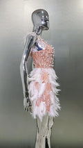 2026 Women's Heavy Industry Beaded Feather V-neck Waist-cinched Short Dress Luxury Haute Couture Party Evening Performance Gown