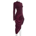 Chic Burgundy Long Sleeve Midi Dress for Women High Neck Slim Ruched Asymmetrical Skirt for Business Social Events