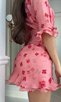 Pink Floral Printed Ruffle Hem Mini Dress Women Deep V-neck Puff-sleeve High Waist Bodycon Dress 2026 Lady Cocktail Party Wears