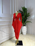 Women Long Sleeve Bowknot Deep V-neck Bodycon Midi Maxi Dress 2026 Birthday Holiday Party Trendy Long Dresses Vestidos