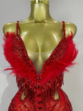2026 New Sexy Nightclub Bar DJ Performance Dancer Stage Costume Sparkly Rhinestones Feathers Tassels Mesh See Through Bodysuits