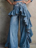 European And American Style Asymmetrical Ruffle Edge Splicing High Waist Wide Leg Jeans For Women Autumn 2026 New