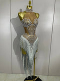 Women Sparkly Diamonds Pearls Tassel Sexy Mesh Stretch Dress Latin Dance Luxury Birthday Outfits Nightclub Party Stage Costume