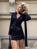 Elegant Pinstripe Skirt Suit Women V Neck Peplum Blazer Mini Skirt Set With Tie Neck Scarf Lady Office Business 2 Piece Outfit