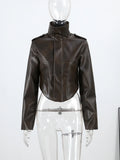 Women's Chic Faux Leather Jacket Fashion Lapel Zipper Irregular Hem Waist Cropped Pu Coat Lady 2026 Spring Chic Street Outerwear