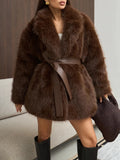 Luxury Faux Fur Shawl Lapel Midi Coat for Women Long Sleeve PU Leather Tie Waist Belt for Winter Daily Party Going Out Wear