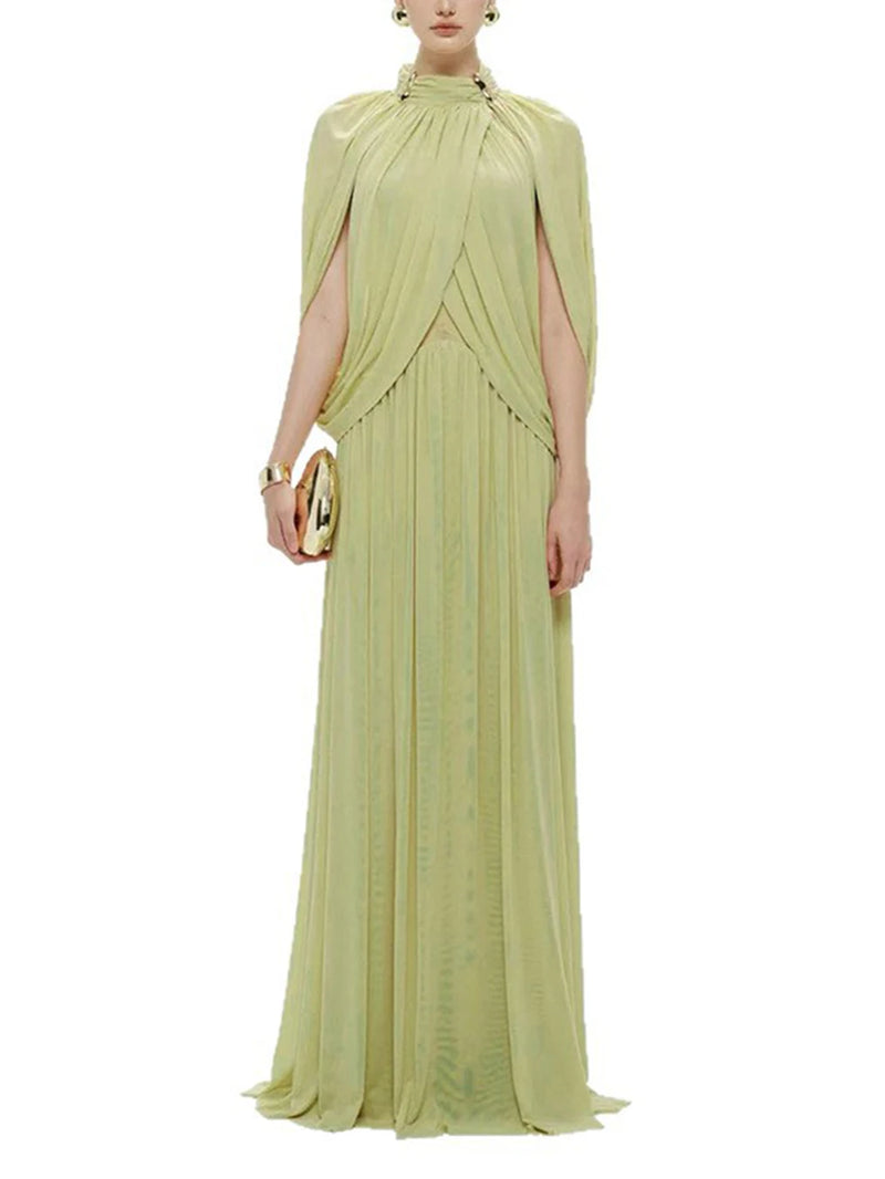 Chic Draped Maxi Dress Women Elegant Flutter Sleeve Turtleneck Patchwork Long Dresses 2026 Lady New Evening Party Gowns