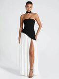 Irregular Slit Vacation Long Dress For Women Elegant Contrast Slim Ribbon Dress Back Lace Up Female Strapless Summer New