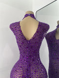 Luxury Purple Rhinestones Long Party Dress Celebrity Women Sexy Sleeveless Mesh See Through Prom Gown Club Birthday Dresses