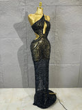 Black Mesh Rhinestone Mermaid Maxi Dress Hollow Cut Out BacklessBodycon Long Gown Women Club Night StageBirthday Party Outfit